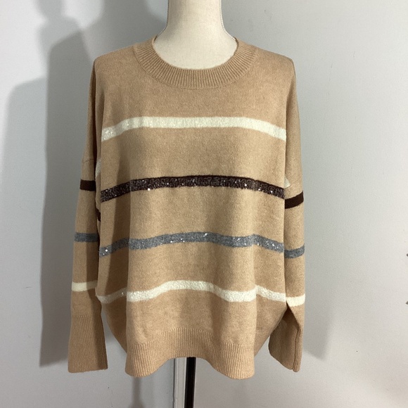 NWOT DANIEL RAINN SIZE XL KNIT SWEATER BEIGE STRIPED SEQUINS - Picture 1 of 9
